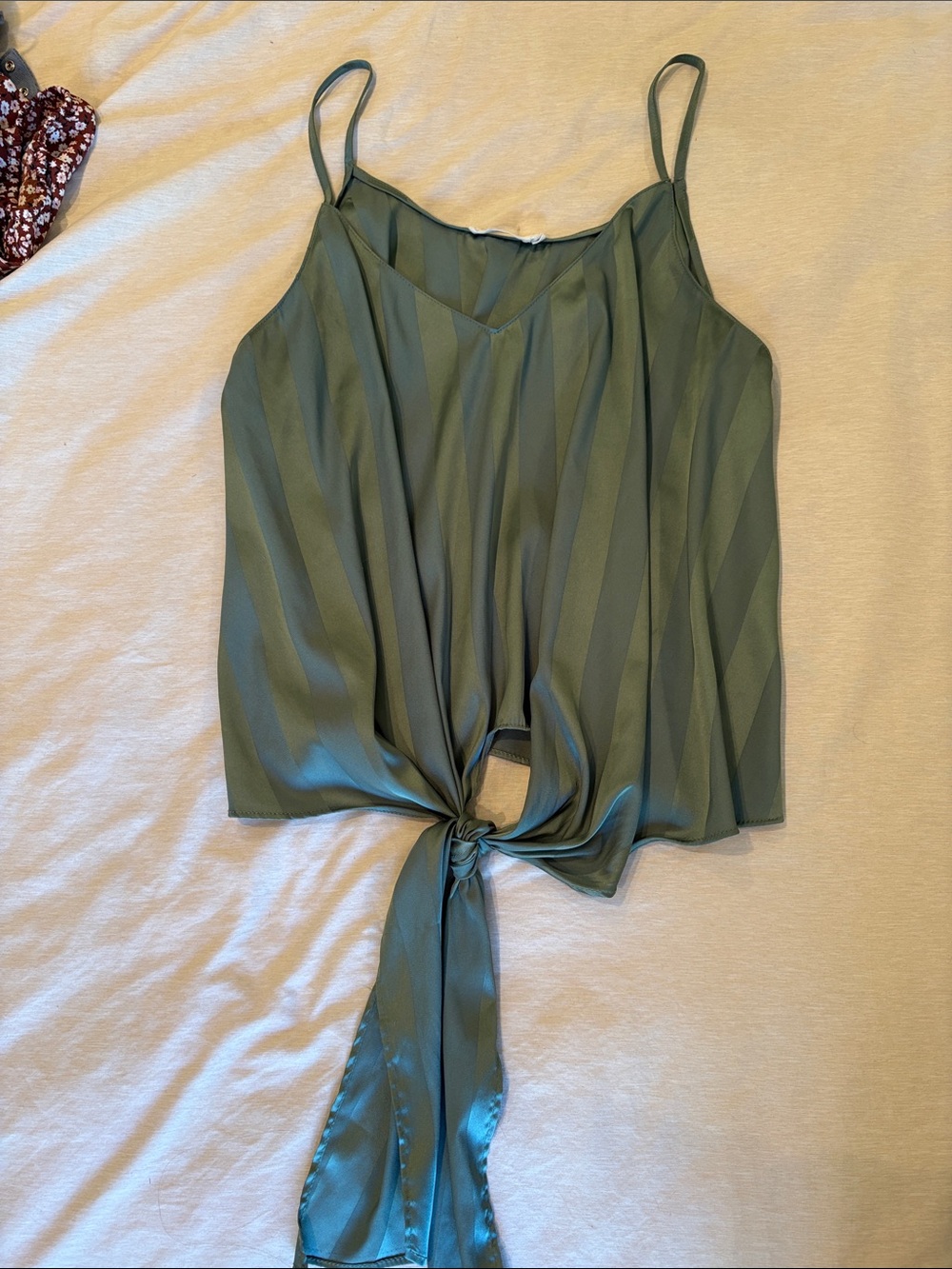 Women's Green Vertical Stripe Satin Tie-Front Cami Top